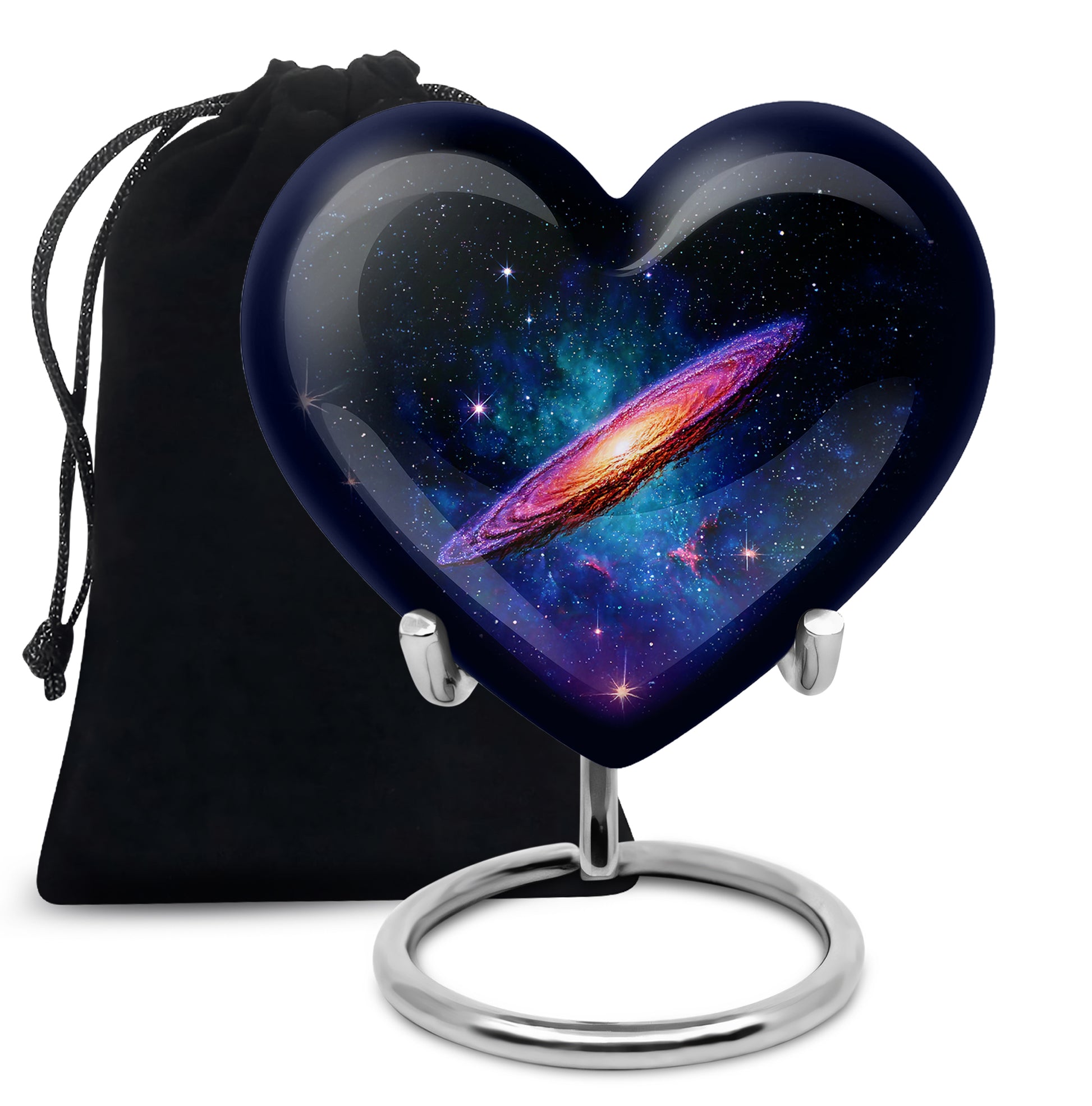 Ebony Galaxy Cremation Urn detail view - loving heart memorial featuring galaxy pattern - full-size 10 inch 200 cubic inch adult cremation urn