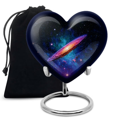 Ebony Galaxy Cremation Urn detail view - loving heart memorial featuring galaxy pattern - full-size 10 inch 200 cubic inch adult cremation urn