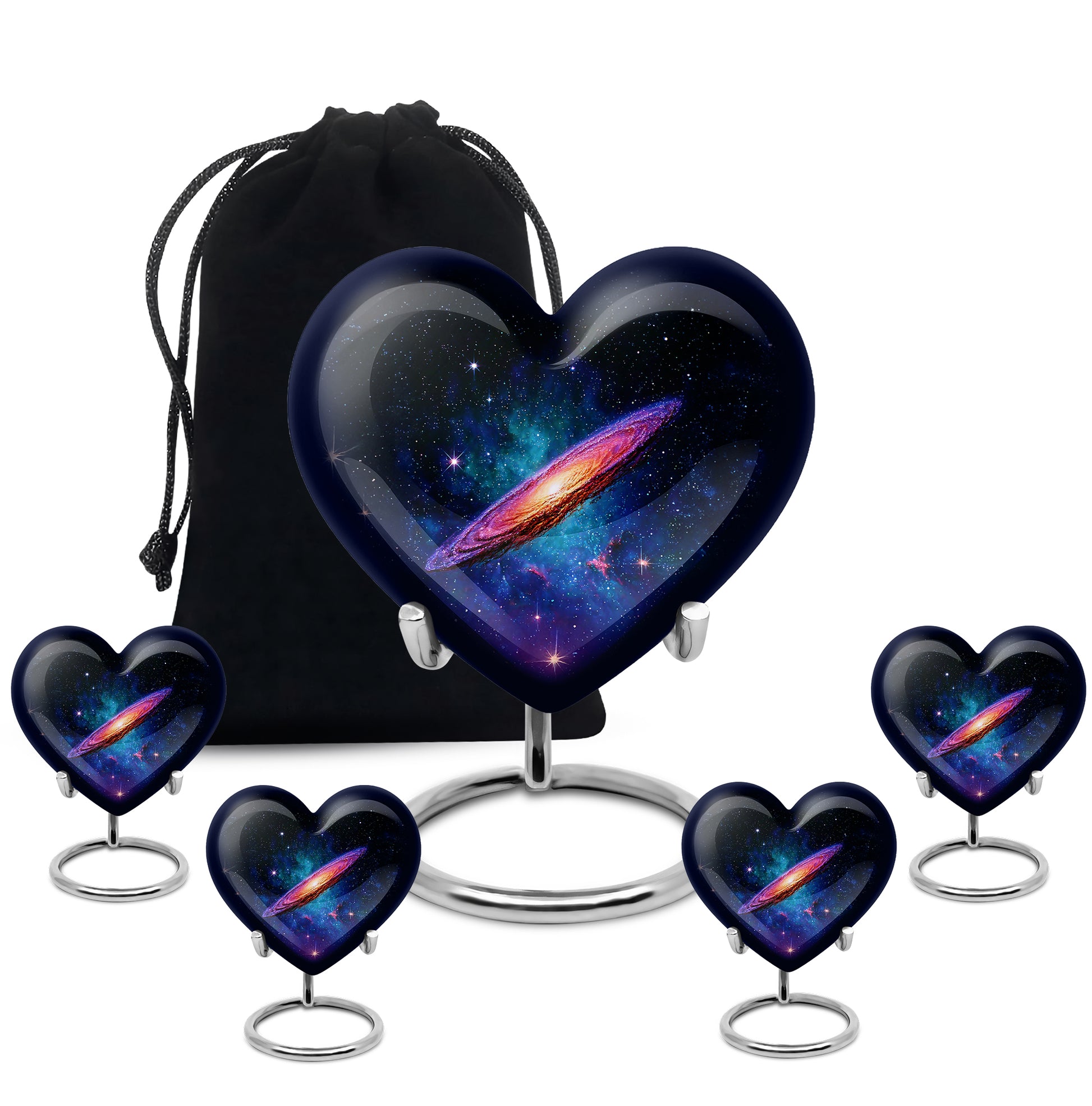 Rich Black Galaxy Cremation Urn close-up of engraving and surface detail - heart-shaped galaxy design symbolizing eternal love - memorial set with one large and four small urns