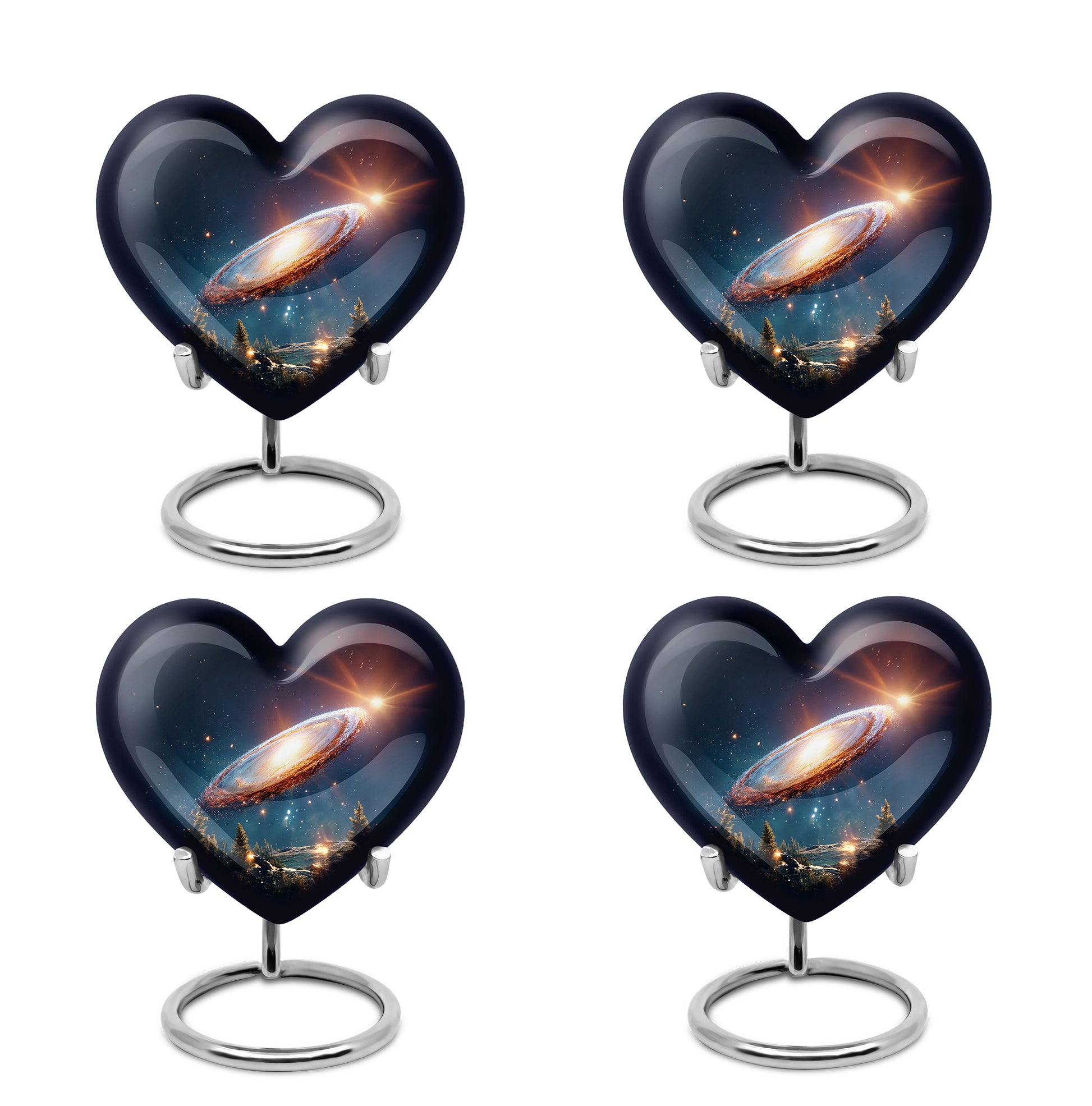 Navy Blue Galaxy Cremation Urn angled view of lid and engraved motif - loving heart memorial featuring galaxy pattern - 10 inch aluminum urn for cremated remains