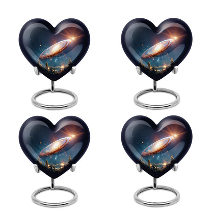 Navy Blue Galaxy Cremation Urn angled view of lid and engraved motif - loving heart memorial featuring galaxy pattern - 10 inch aluminum urn for cremated remains