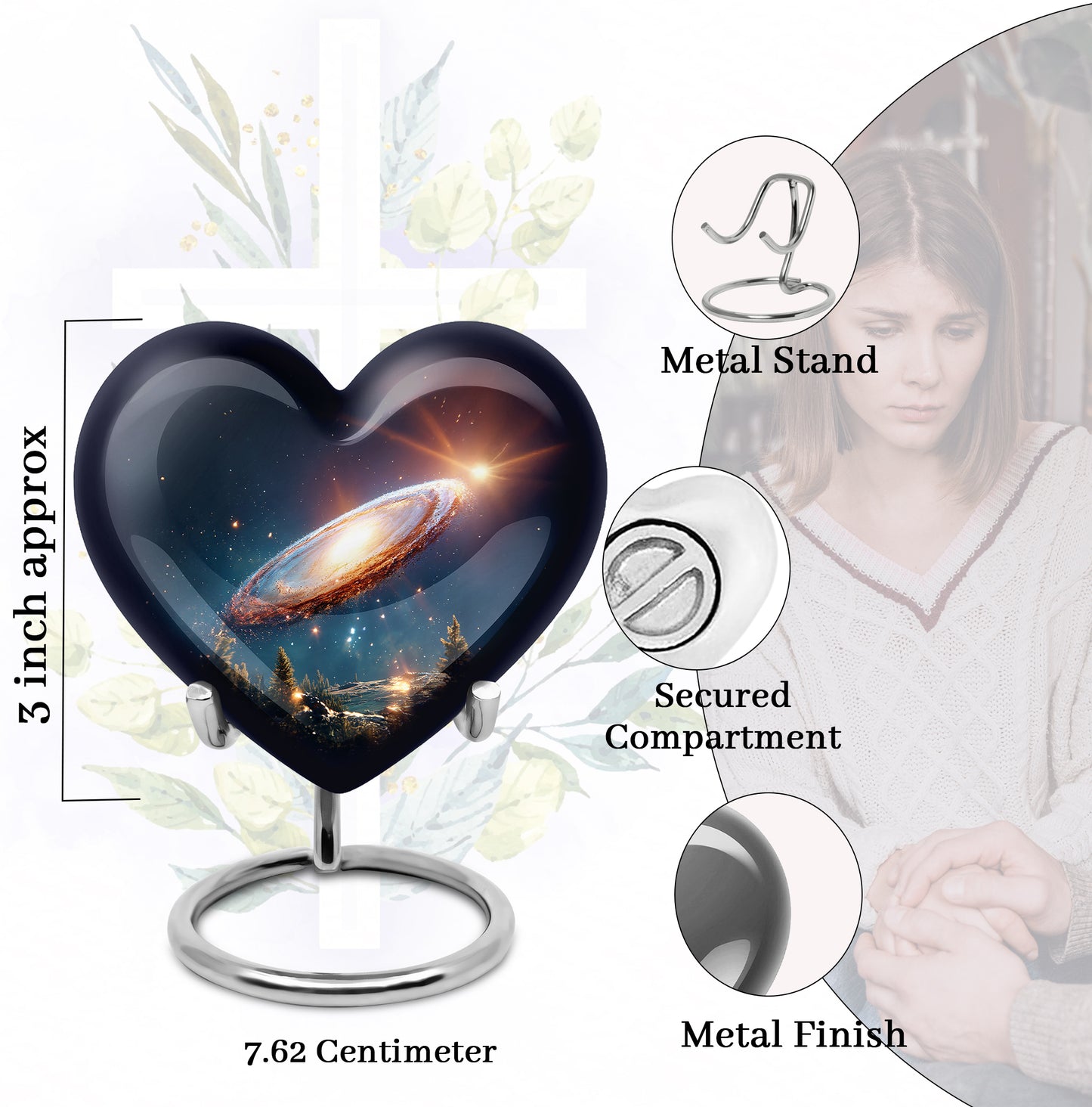 Icy Blue Galaxy Cremation Urn front view showing detailed design - heart-shaped galaxy design symbolizing eternal love - mini keepsake memorial for portion of cremation ashes