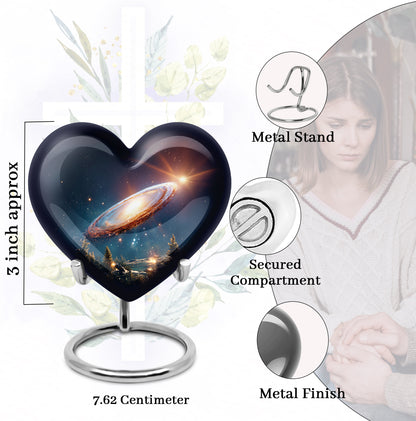 Icy Blue Galaxy Cremation Urn front view showing detailed design - heart-shaped galaxy design symbolizing eternal love - mini keepsake memorial for portion of cremation ashes