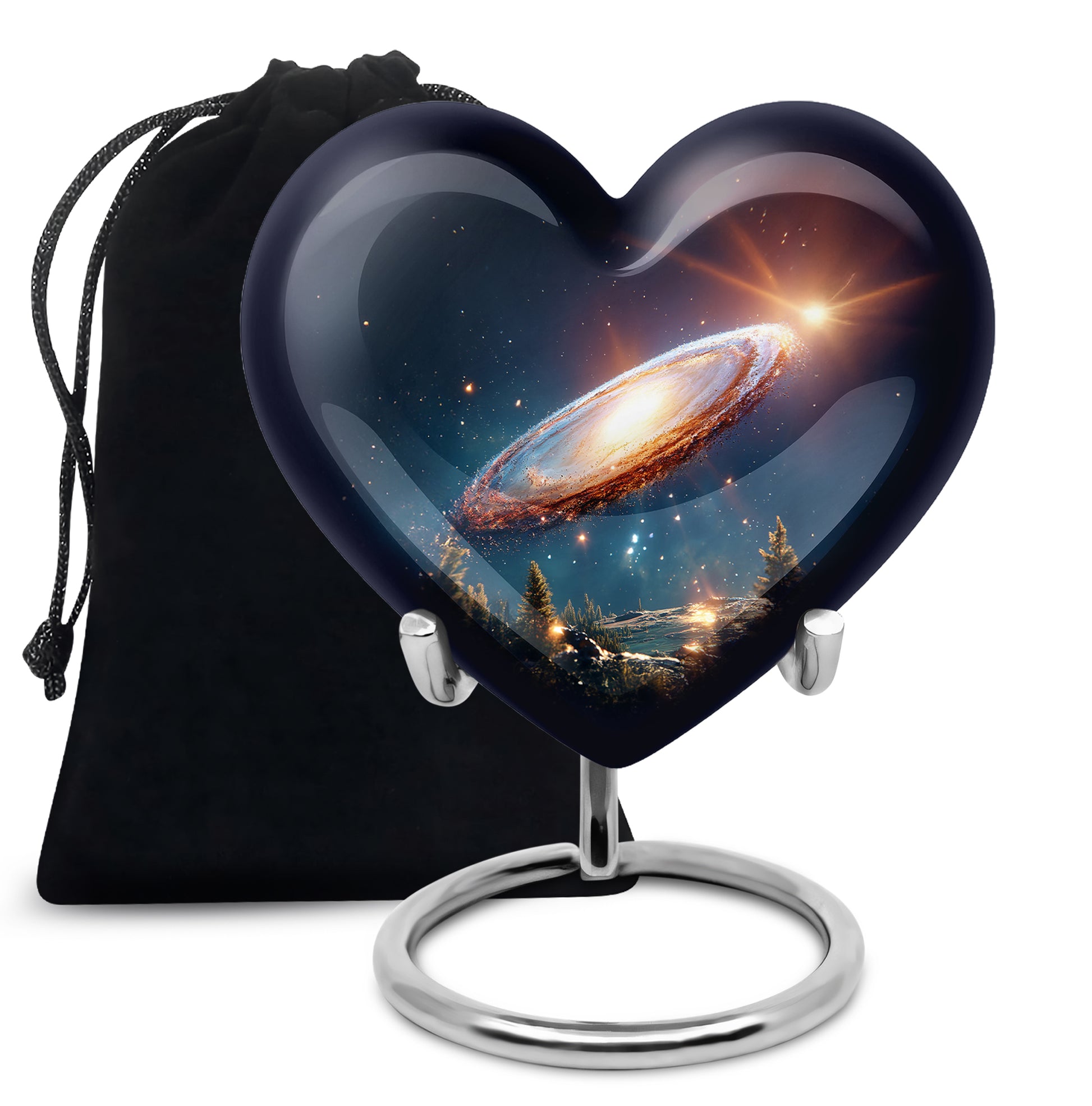 Indigo Galaxy Cremation Urn detail view - loving heart memorial featuring galaxy pattern - full-size 10 inch 200 cubic inch adult cremation urn
