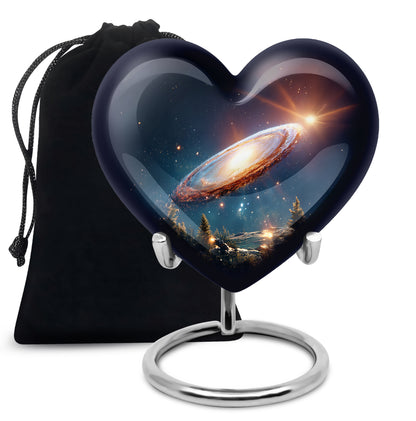 Indigo Galaxy Cremation Urn detail view - loving heart memorial featuring galaxy pattern - full-size 10 inch 200 cubic inch adult cremation urn