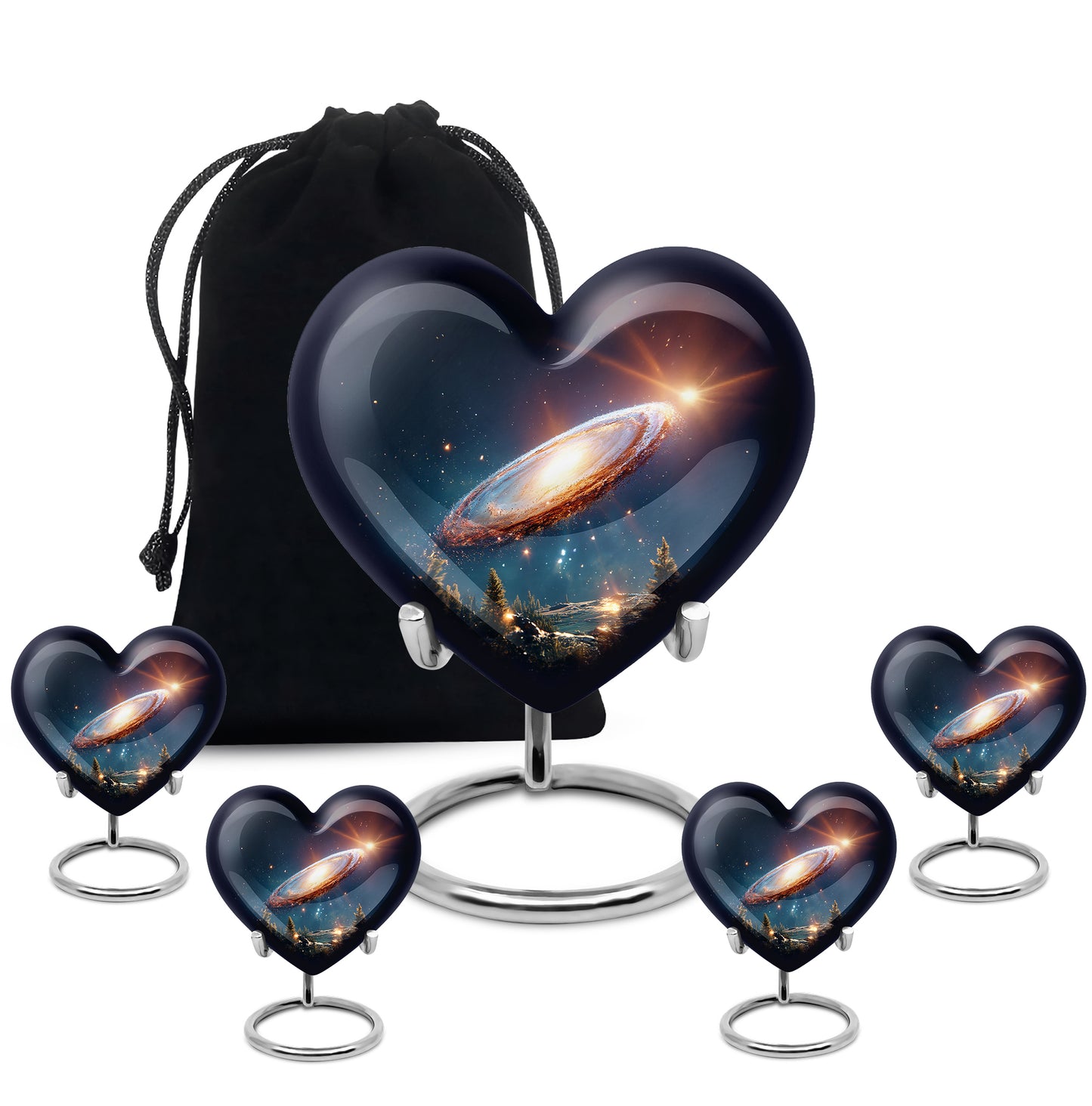 Misty Blue Galaxy Cremation Urn close-up of engraving and surface detail - loving heart memorial featuring galaxy pattern - memorial set with one large and four small urns