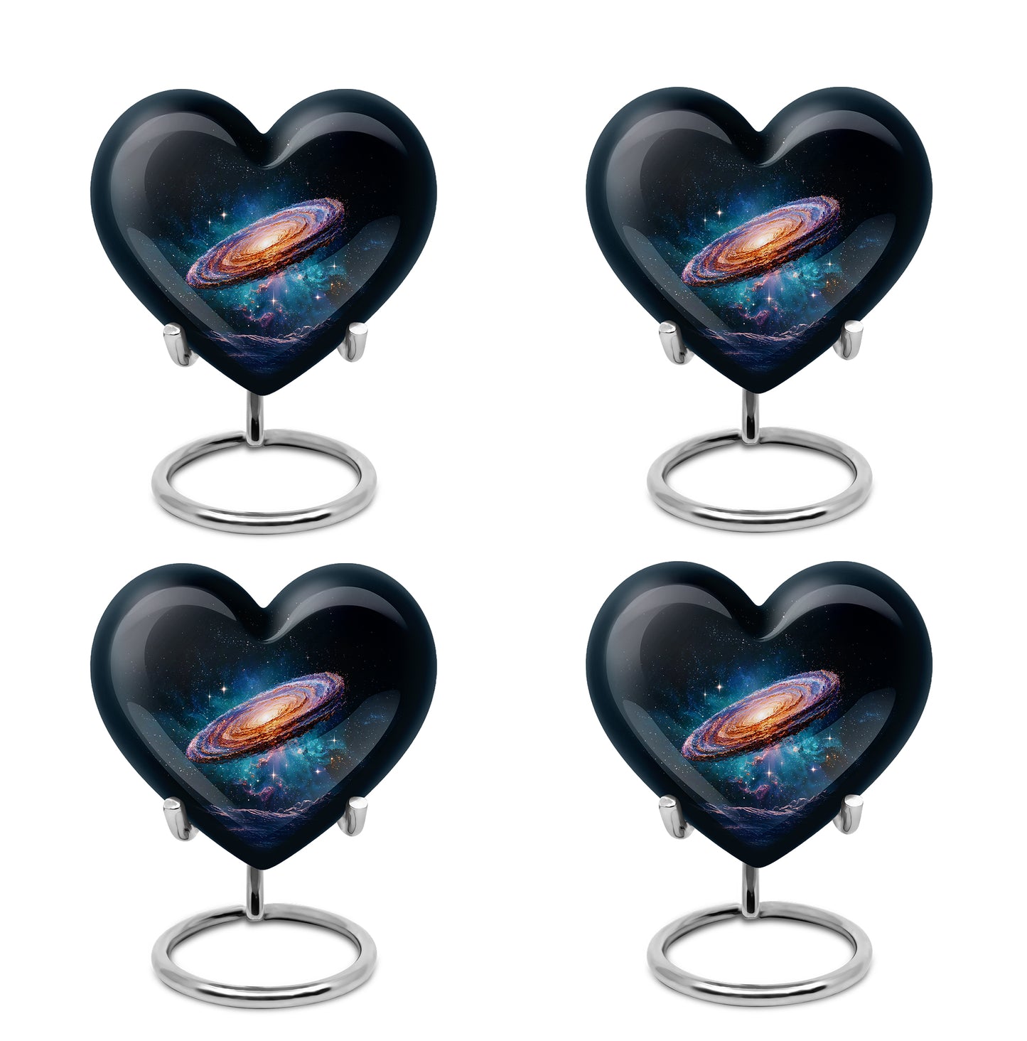 Charcoal Black Galaxy Cremation Urn angled view of lid and engraved motif - compassionate heart-galaxy combination with gentle curves - 10 inch aluminum urn for cremated remains