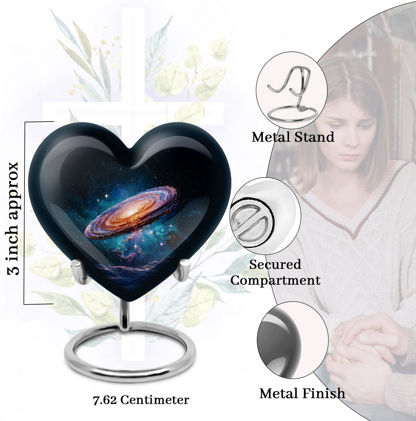 Charcoal Black Galaxy Cremation Urn front view showing detailed design - compassionate heart-galaxy combination with gentle curves - mini keepsake memorial for portion of cremation ashes