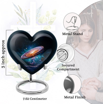 Charcoal Black Galaxy Cremation Urn front view showing detailed design - compassionate heart-galaxy combination with gentle curves - mini keepsake memorial for portion of cremation ashes