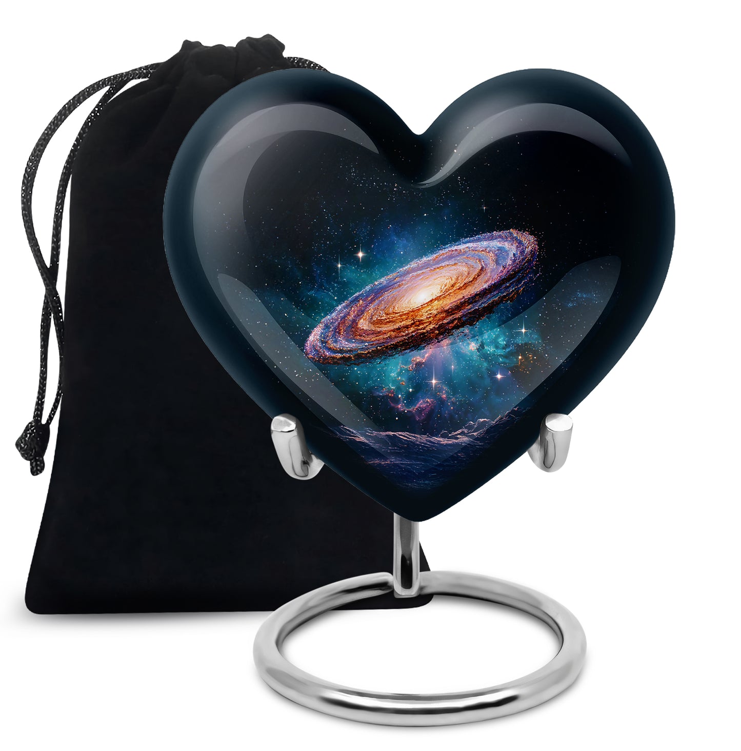 Ebony Galaxy Cremation Urn detail view - heart-shaped galaxy design symbolizing eternal love - full-size 10 inch 200 cubic inch adult cremation urn