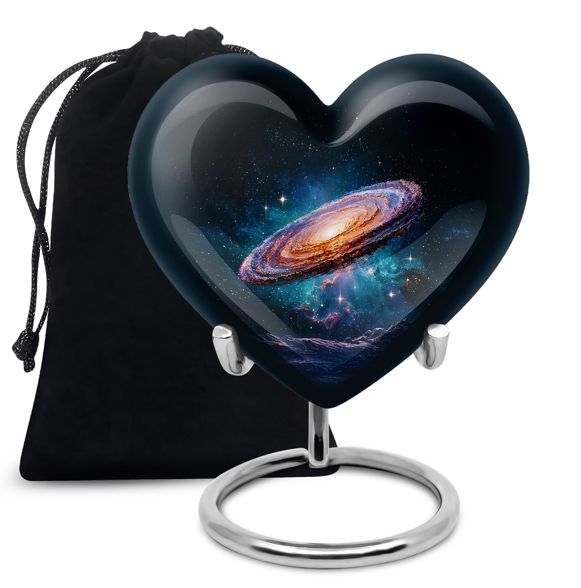 Ebony Galaxy Cremation Urn detail view - heart-shaped galaxy design symbolizing eternal love - full-size 10 inch 200 cubic inch adult cremation urn