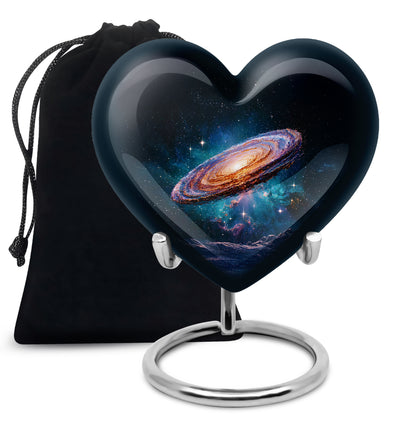 Ebony Galaxy Cremation Urn detail view - heart-shaped galaxy design symbolizing eternal love - full-size 10 inch 200 cubic inch adult cremation urn