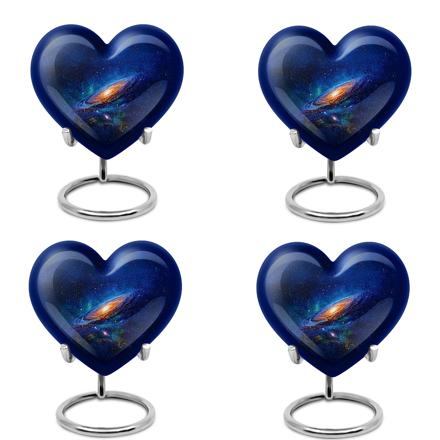 Cornflower Blue Galaxy Cremation Urn angled view of lid and engraved motif - romantic heart urn with galaxy motif on aluminum - 10 inch aluminum urn for cremated remains