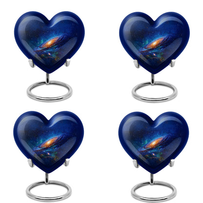Cornflower Blue Galaxy Cremation Urn angled view of lid and engraved motif - romantic heart urn with galaxy motif on aluminum - 10 inch aluminum urn for cremated remains
