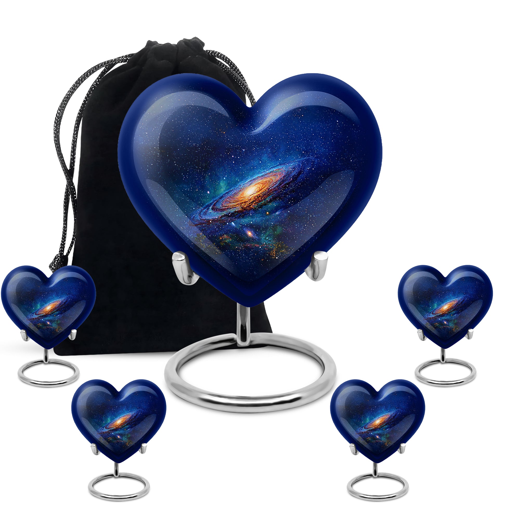 Vivid Blue Galaxy Cremation Urn close-up of engraving and surface detail - romantic heart urn with galaxy motif on aluminum - memorial set with one large and four small urns