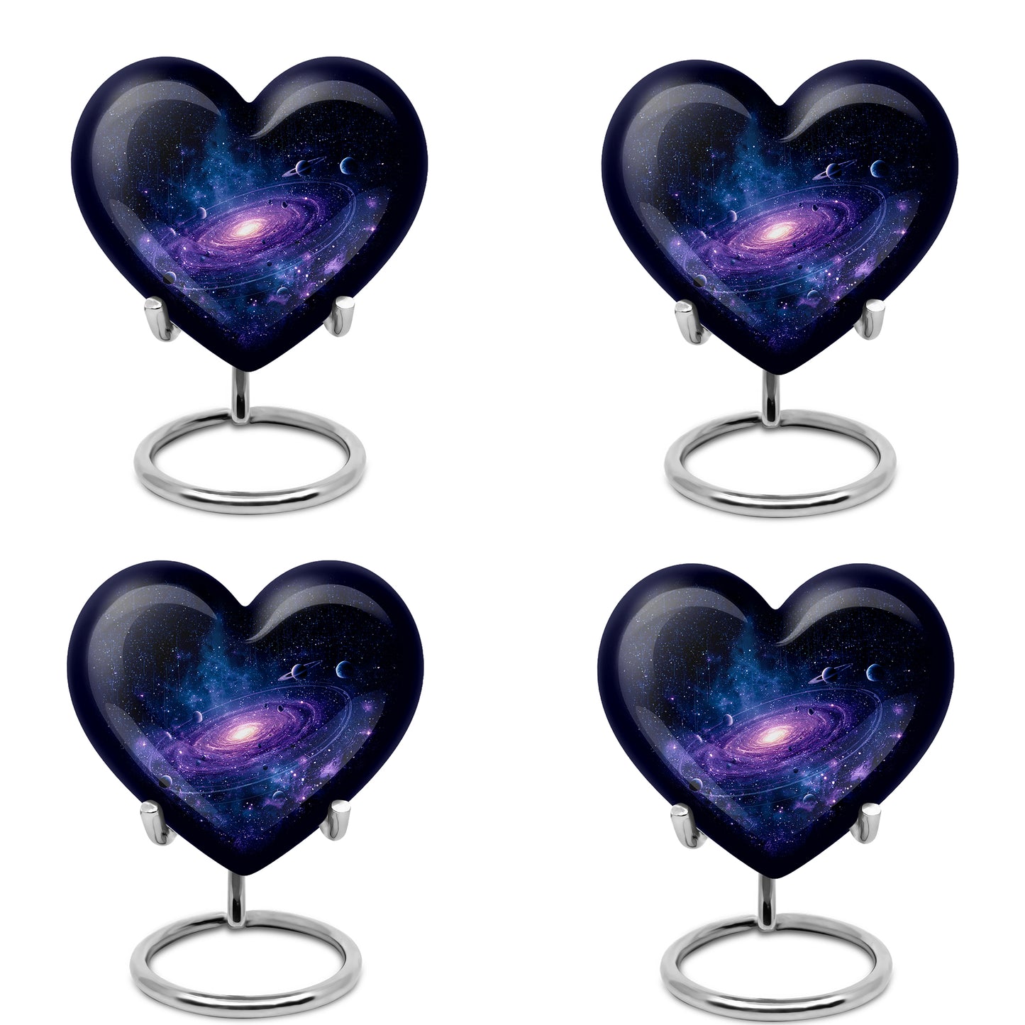 Slate Blue Galaxy Cremation Urn angled view of lid and engraved motif - loving heart memorial featuring galaxy pattern - 10 inch aluminum urn for cremated remains