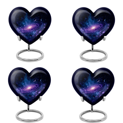 Slate Blue Galaxy Cremation Urn angled view of lid and engraved motif - loving heart memorial featuring galaxy pattern - 10 inch aluminum urn for cremated remains