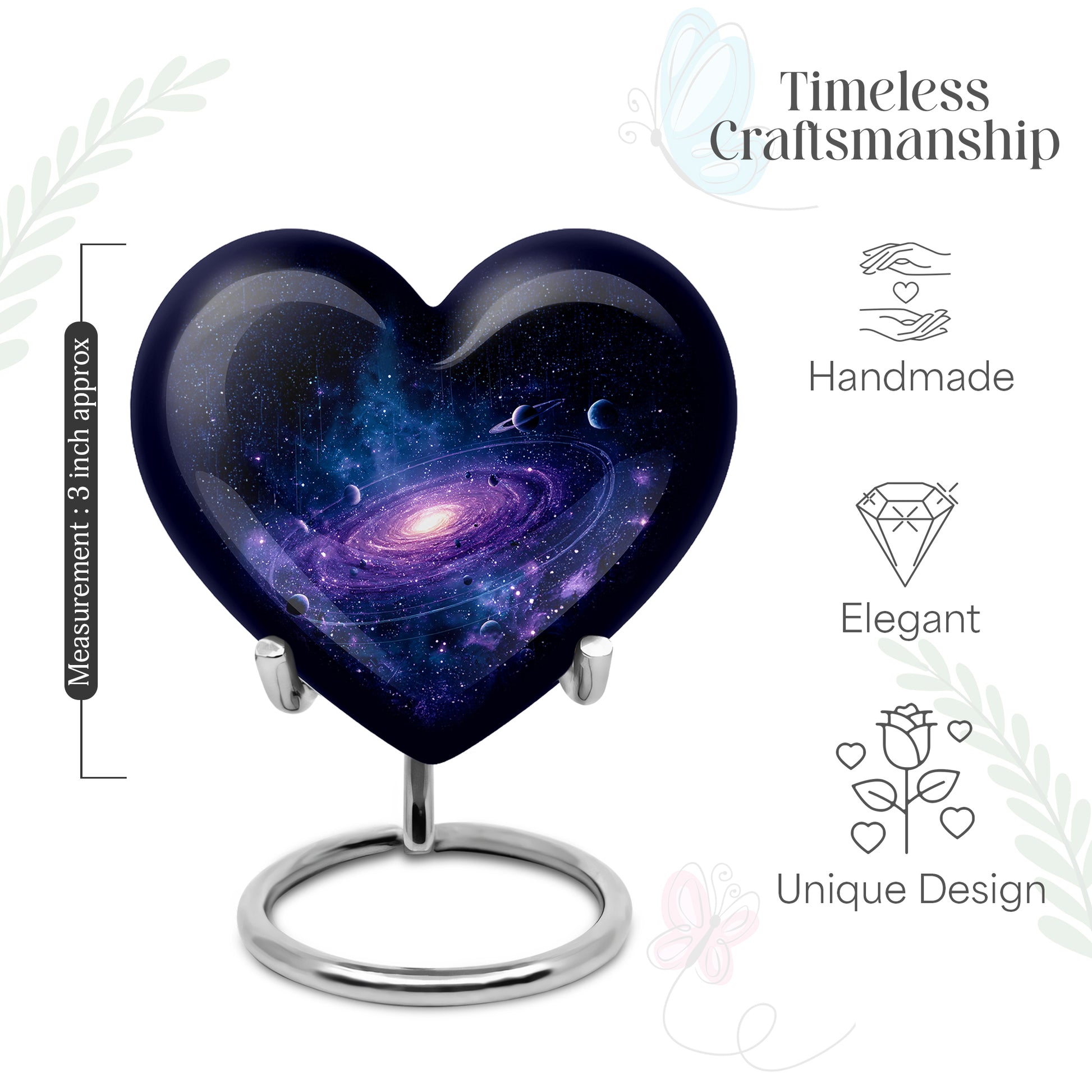 Navy Blue Galaxy Cremation Urn front view showing detailed design - loving heart memorial featuring galaxy pattern - mini keepsake memorial for portion of cremation ashes