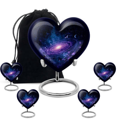 Serene Blue Galaxy Cremation Urn close-up of engraving and surface detail - compassionate heart-galaxy combination with gentle curves - memorial set with one large and four small urns