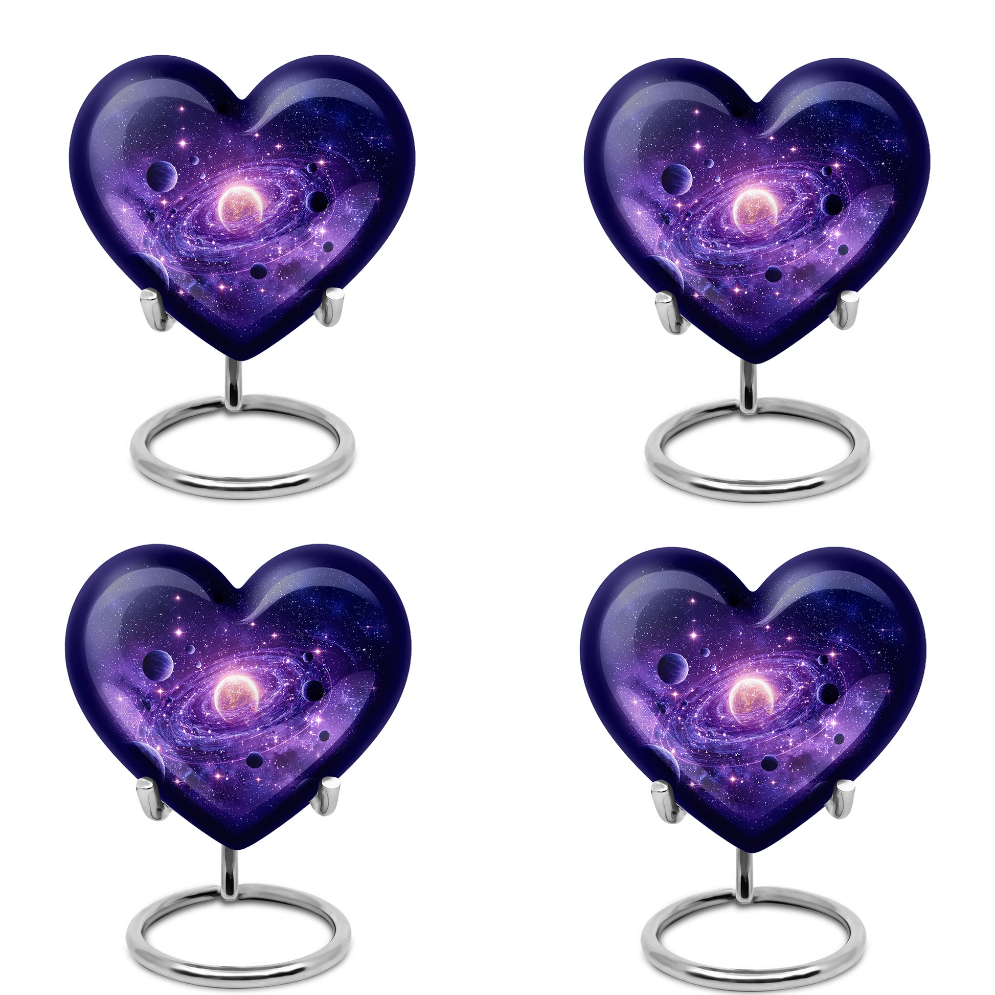 Lavender Purple Galaxy Cremation Urn angled view of lid and engraved motif - romantic heart urn with galaxy motif on aluminum - 10 inch aluminum urn for cremated remains