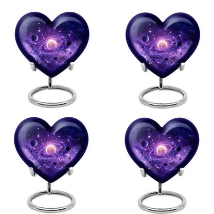Lavender Purple Galaxy Cremation Urn angled view of lid and engraved motif - romantic heart urn with galaxy motif on aluminum - 10 inch aluminum urn for cremated remains