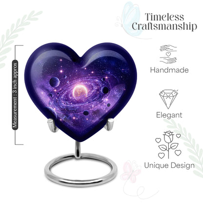 Deep Purple Galaxy Cremation Urn front view showing detailed design - heart-shaped galaxy design symbolizing eternal love - mini keepsake memorial for portion of cremation ashes