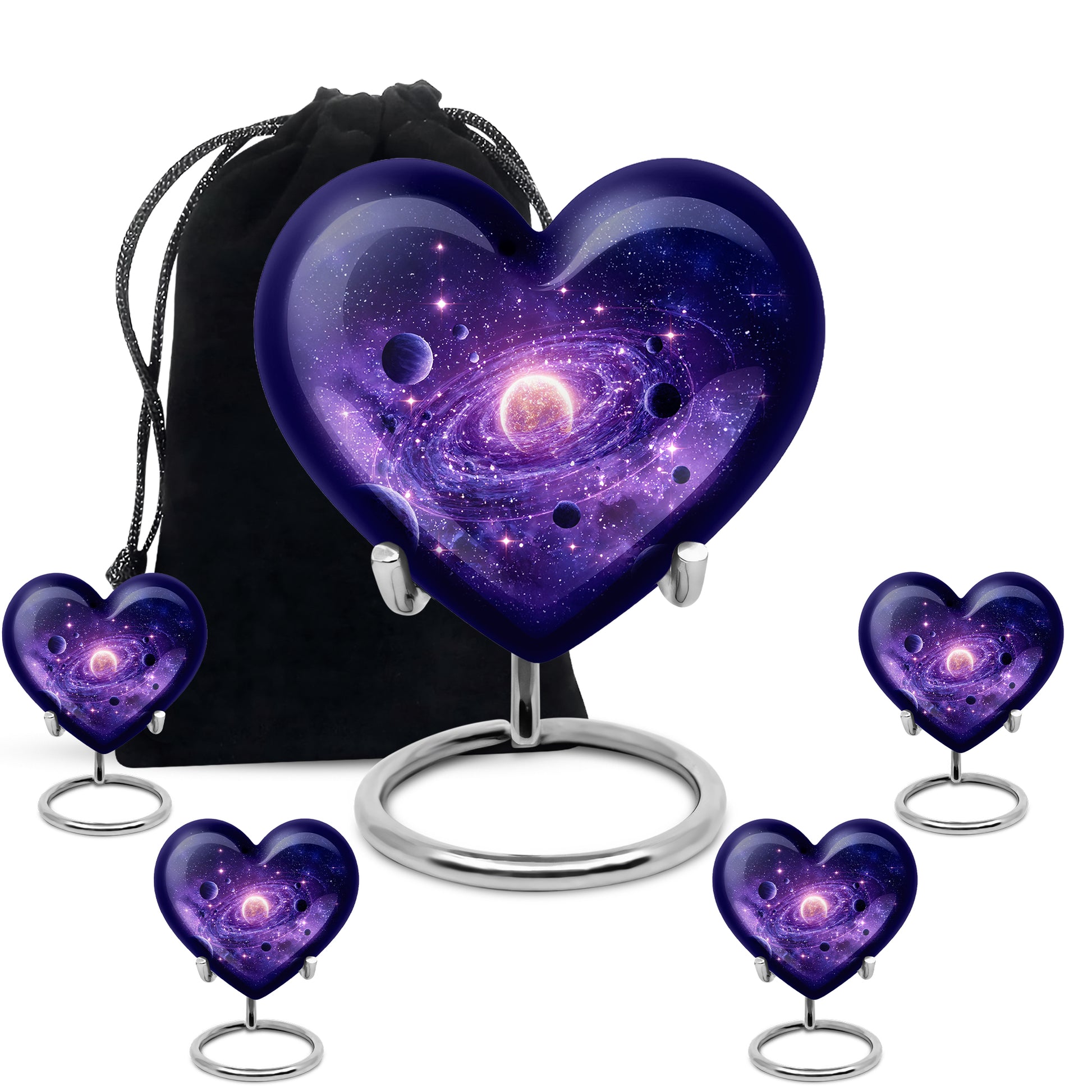 Lavender Purple Galaxy Cremation Urn close-up of engraving and surface detail - romantic heart urn with galaxy motif on aluminum - memorial set with one large and four small urns