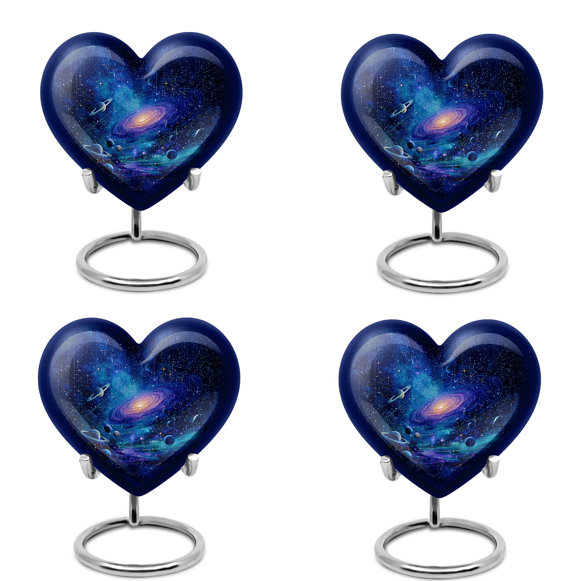 Twilight Blue Galaxy Cremation Urn angled view of lid and engraved motif - compassionate heart-galaxy combination with gentle curves - 10 inch aluminum urn for cremated remains