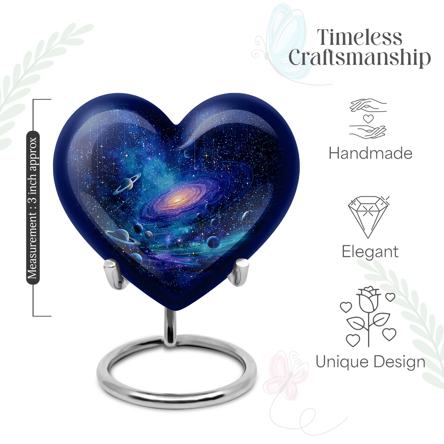 Indigo Galaxy Cremation Urn front view showing detailed design - loving heart memorial featuring galaxy pattern - mini keepsake memorial for portion of cremation ashes