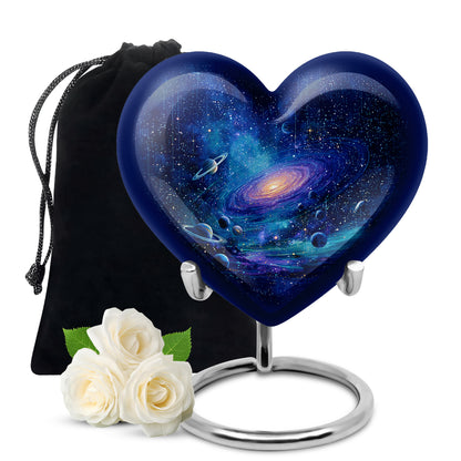 Azure Galaxy Cremation Urn detail view - loving heart memorial featuring galaxy pattern - full-size 10 inch 200 cubic inch adult cremation urn