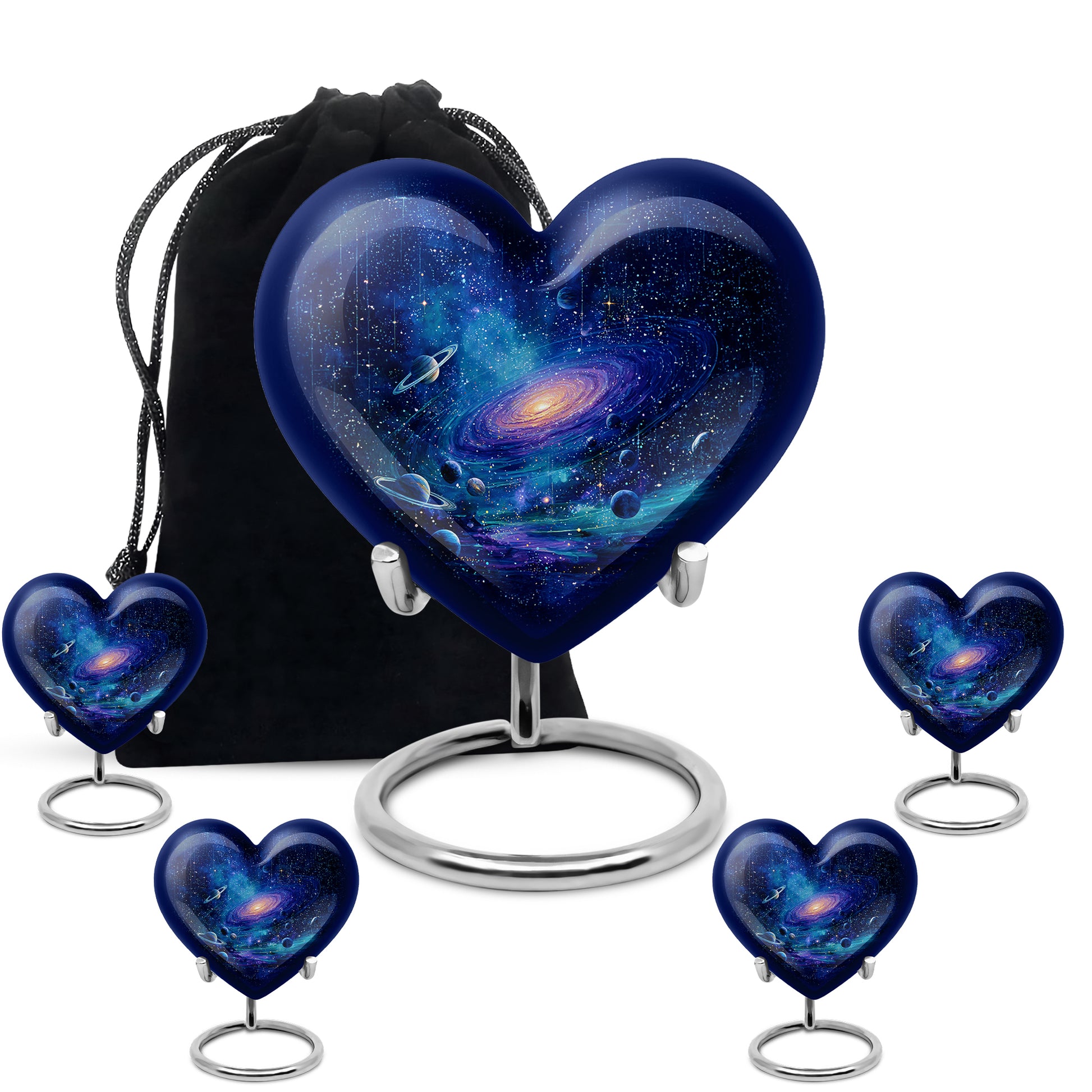 Celestial Blue Galaxy Cremation Urn close-up of engraving and surface detail - heart-shaped galaxy design symbolizing eternal love - memorial set with one large and four small urns