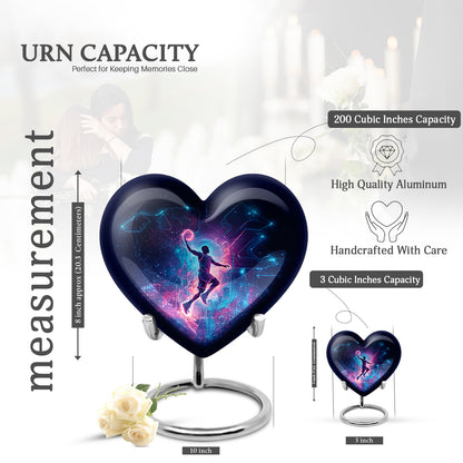 Rich Black Basketball Cremation Urn front view showing detailed design - loving heart memorial featuring basketball pattern - mini keepsake memorial for portion of cremation ashes