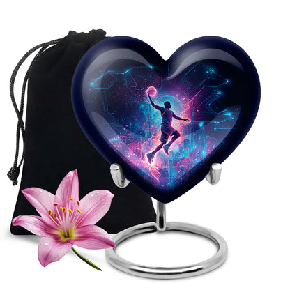 Ebony Basketball Cremation Urn detail view - heart-shaped basketball design symbolizing eternal love - full-size 10 inch 200 cubic inch adult cremation urn