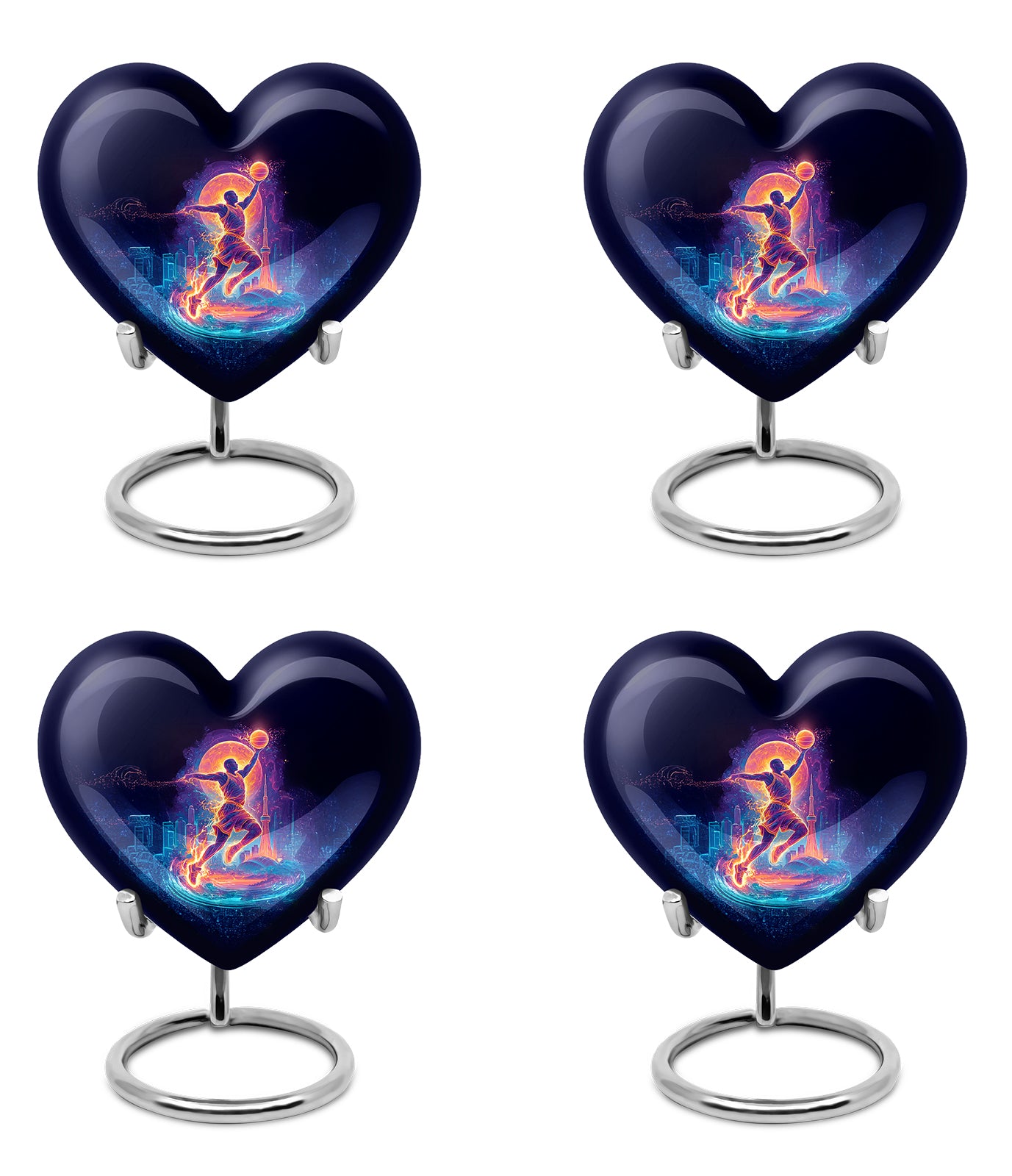 Ebony Basketball Cremation Urn angled view of lid and engraved motif - loving heart memorial featuring basketball pattern - 10 inch aluminum urn for cremated remains