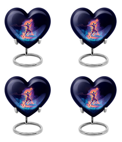 Ebony Basketball Cremation Urn angled view of lid and engraved motif - loving heart memorial featuring basketball pattern - 10 inch aluminum urn for cremated remains