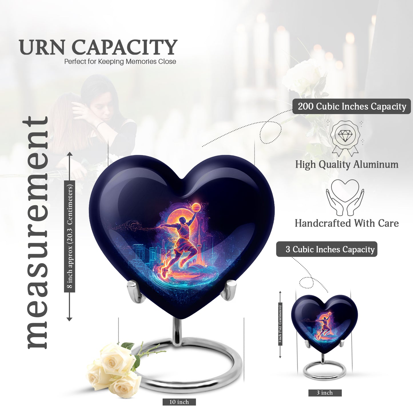 Jet Black Basketball Cremation Urn front view showing detailed design - heart-shaped basketball design symbolizing eternal love - mini keepsake memorial for portion of cremation ashes