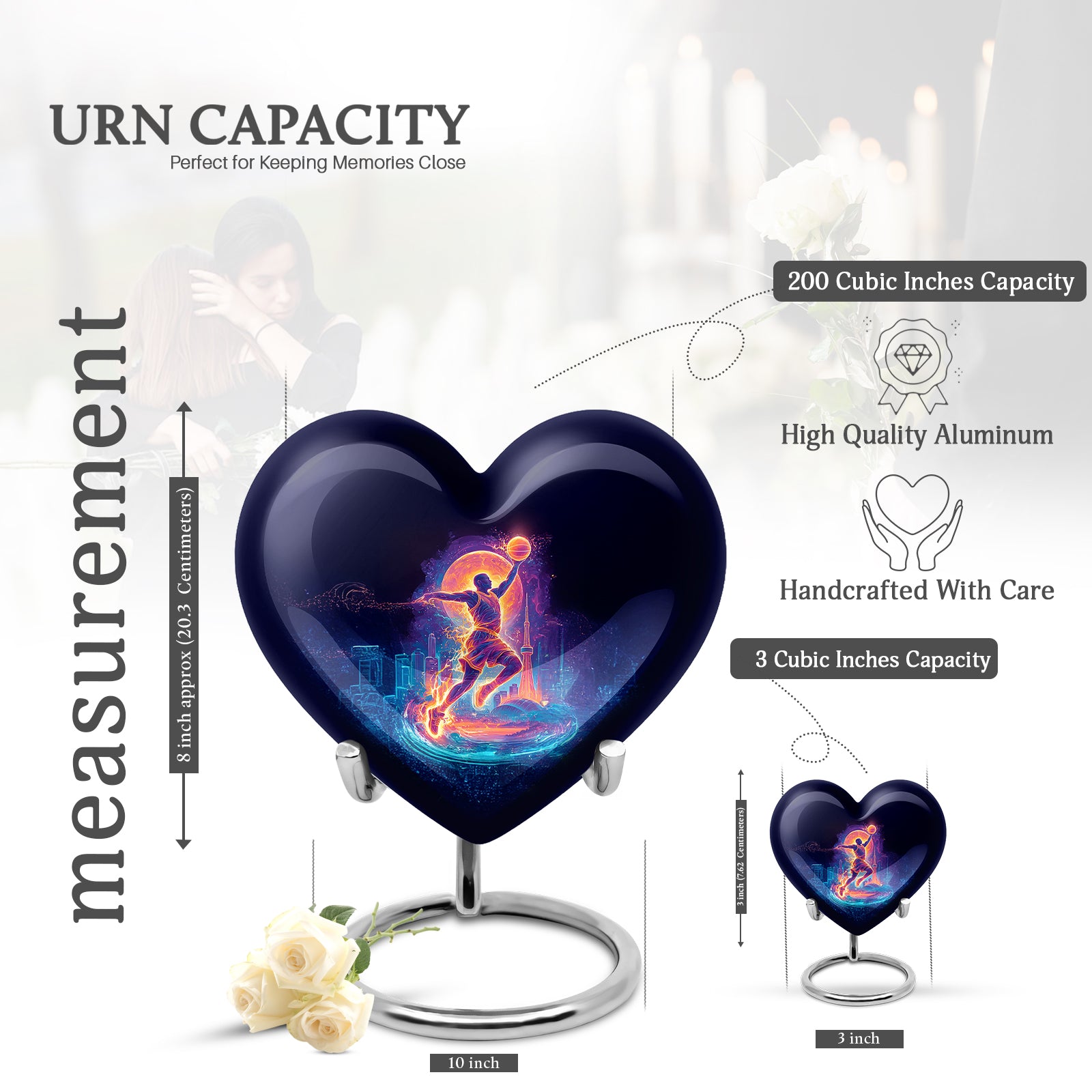 Jet Black Basketball Cremation Urn front view showing detailed design - heart-shaped basketball design symbolizing eternal love - mini keepsake memorial for portion of cremation ashes