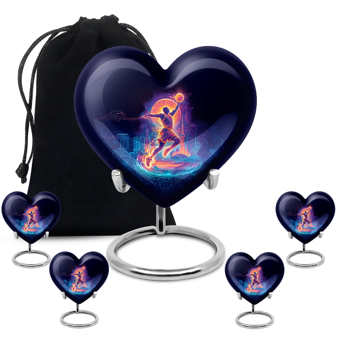 Rich Black Basketball Cremation Urn close-up of engraving and surface detail - heart-shaped basketball design symbolizing eternal love - memorial set with one large and four small urns