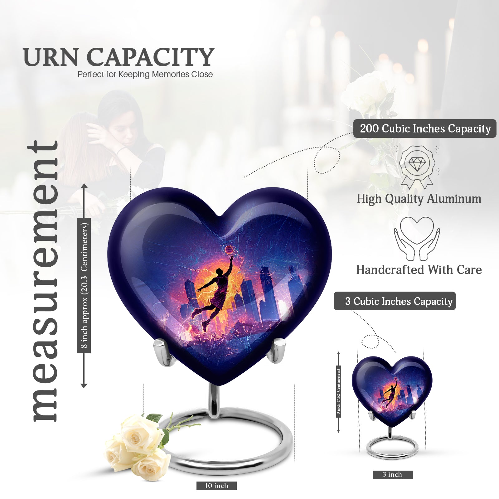 Deep Black Basketball Cremation Urn front view showing detailed design - heart-shaped basketball design symbolizing eternal love - mini keepsake memorial for portion of cremation ashes