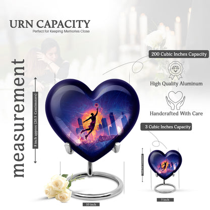 Deep Black Basketball Cremation Urn front view showing detailed design - heart-shaped basketball design symbolizing eternal love - mini keepsake memorial for portion of cremation ashes