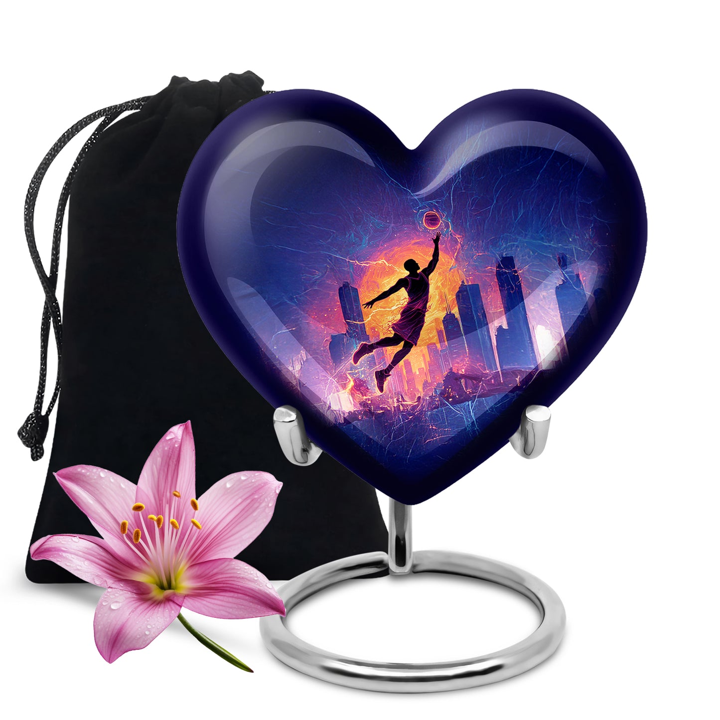 Glossy Black Basketball Cremation Urn detail view - loving heart memorial featuring basketball pattern - full-size 10 inch 200 cubic inch adult cremation urn