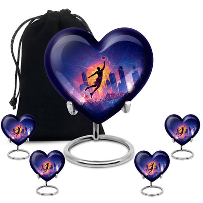 Jet Black Basketball Cremation Urn close-up of engraving and surface detail - loving heart memorial featuring basketball pattern - memorial set with one large and four small urns