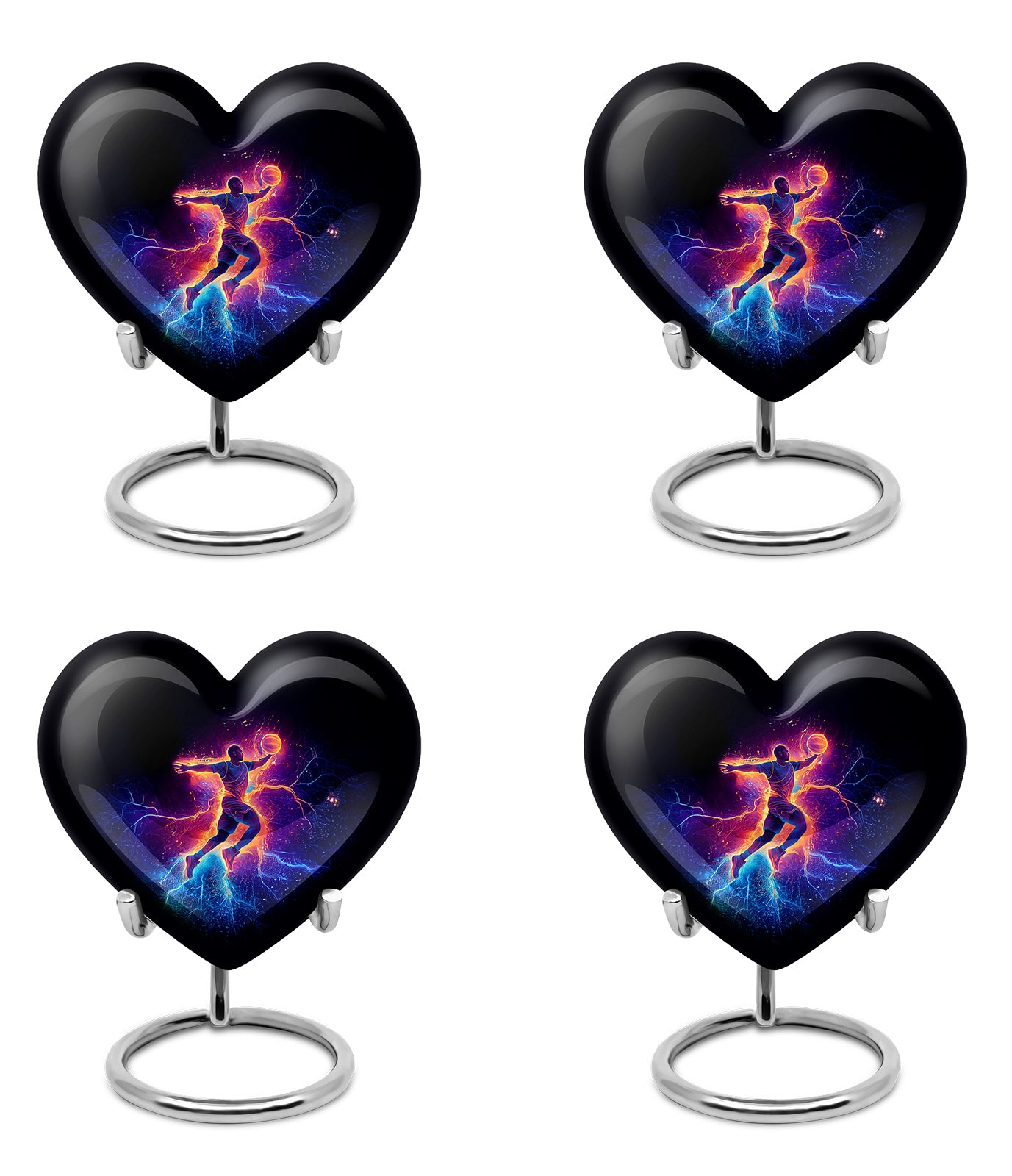 Glossy Black Basketball Cremation Urn angled view of lid and engraved motif - heart-shaped basketball design symbolizing eternal love - 10 inch aluminum urn for cremated remains