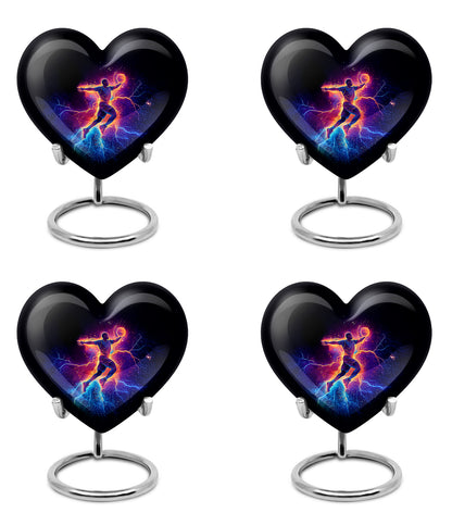 Glossy Black Basketball Cremation Urn angled view of lid and engraved motif - heart-shaped basketball design symbolizing eternal love - 10 inch aluminum urn for cremated remains