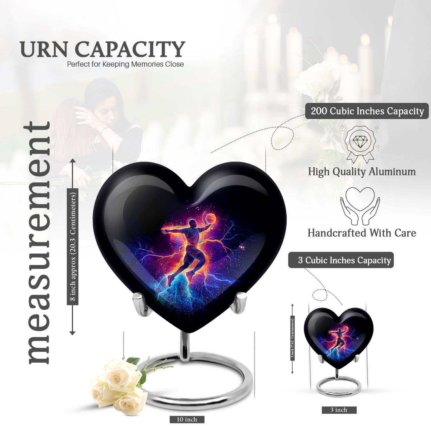 Obsidian Black Basketball Cremation Urn front view showing detailed design - compassionate heart-basketball combination with gentle curves - mini keepsake memorial for portion of cremation ashes