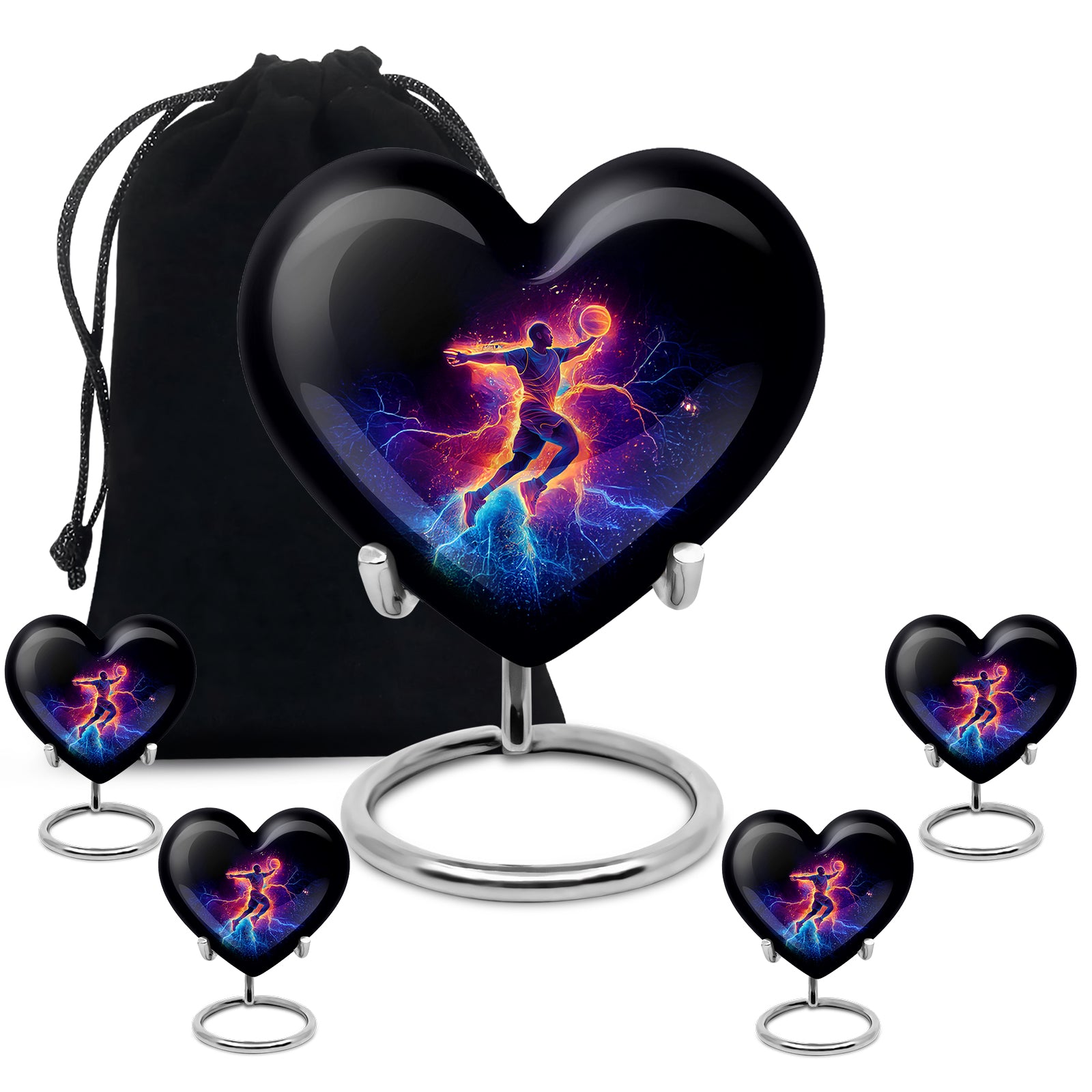 Charcoal Black Basketball Cremation Urn close-up of engraving and surface detail - romantic heart urn with basketball motif on aluminum - memorial set with one large and four small urns