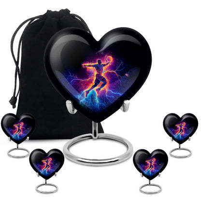 Charcoal Black Basketball Cremation Urn close-up of engraving and surface detail - romantic heart urn with basketball motif on aluminum - memorial set with one large and four small urns