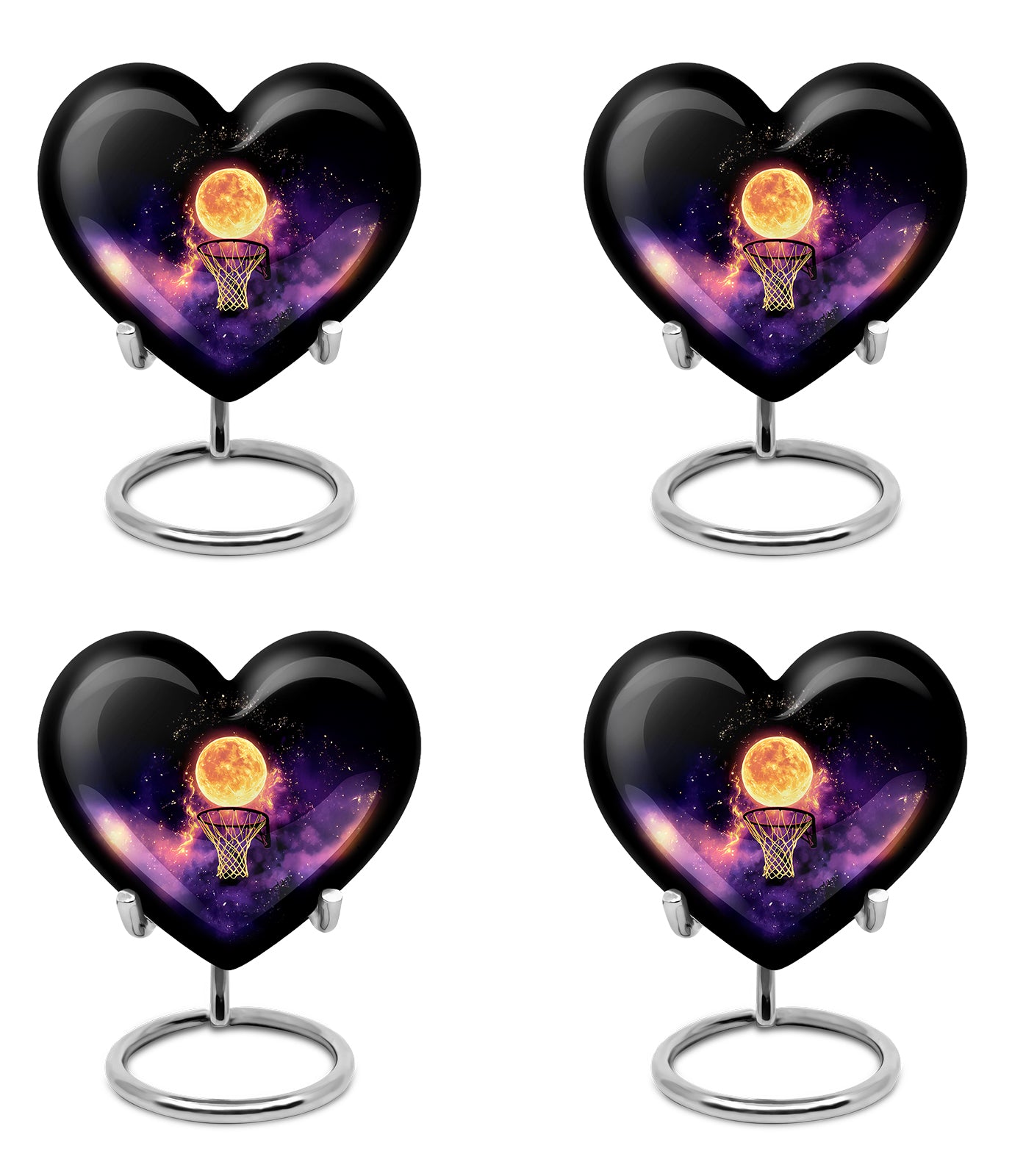 Deep Black Basketball Cremation Urn angled view of lid and engraved motif - heart-shaped basketball design symbolizing eternal love - 10 inch aluminum urn for cremated remains