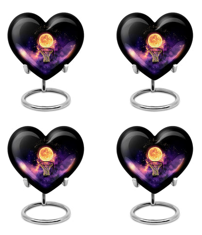 Deep Black Basketball Cremation Urn angled view of lid and engraved motif - heart-shaped basketball design symbolizing eternal love - 10 inch aluminum urn for cremated remains