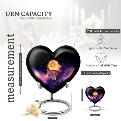 Deep Black Basketball Cremation Urn front view showing detailed design - heart-shaped basketball design symbolizing eternal love - mini keepsake memorial for portion of cremation ashes